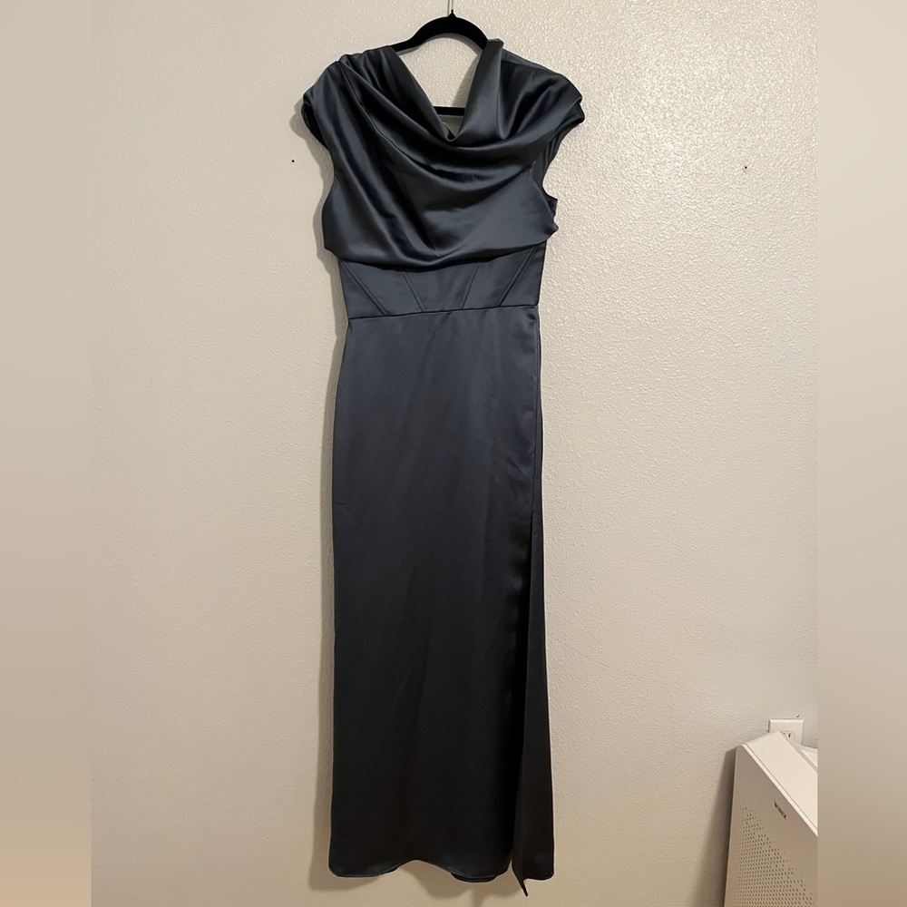 Amsale Chloe Fluid Satin Cowl Neck Corset Gown Maxi Dress Teal Size 4